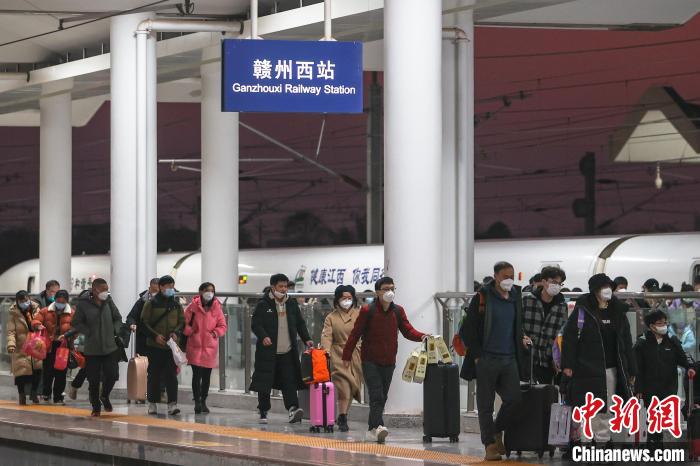 图为江西赣州西站，一辆高铁列车到站后，不少旅客下车。　刘力鑫 摄